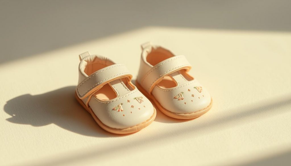 A beautifully crafted pair of newborn baby shoes, delicately designed with soft, supple materials. Tiny leather soles and straps, accented with delicate embroidered patterns in pastel hues. The shoes rest on a soft, cream-colored background, casting gentle shadows that emphasize their sculptural form. Warm, natural lighting illuminates the shoes, highlighting the intricate textures and subtle details that evoke a sense of wonder and tenderness. The overall composition conveys a harmonious, serene atmosphere, perfectly suited to showcasing these charming, modern baby accessories.