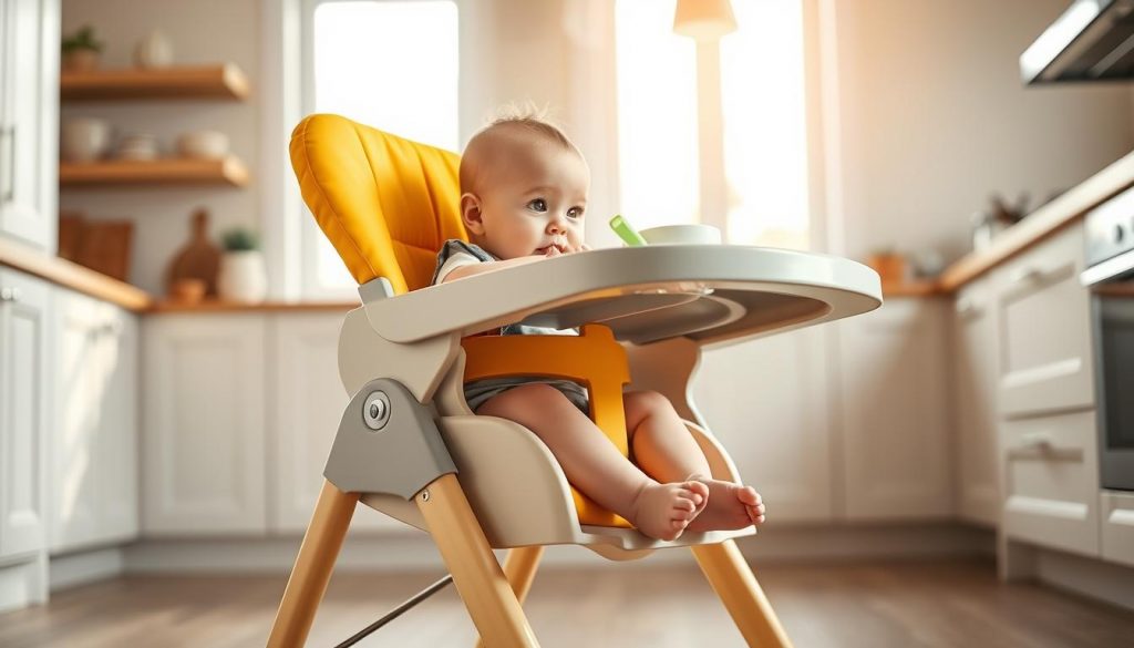A cozy and comfortable baby dining chair in a bright, inviting color. The chair has a sturdy, ergonomic design with a high backrest and armrests to provide support and safety. The seat is padded for extra comfort, and the tray table is easy to attach and remove. The chair is placed in a well-lit, modern kitchen setting with natural lighting streaming in through large windows. The atmosphere is calm, serene, and conducive to a peaceful mealtime experience for the baby.