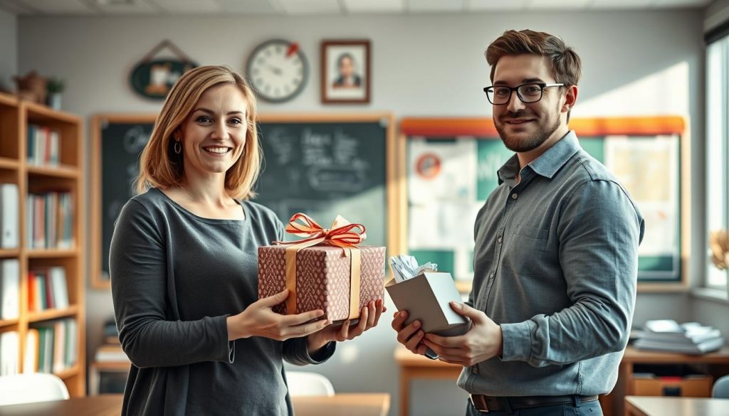A cozy classroom setting with a female teacher and a male teacher standing side by side, both holding thoughtfully selected gifts. The female teacher's gift is elegantly wrapped, reflecting her personalized and considerate approach. The male teacher's gift is more practical, showcasing his focus on functionality. Soft natural lighting illuminates the scene, creating a warm and inviting atmosphere. The teachers' expressions convey their different perspectives on choosing the perfect gift for their students. The background features a bookshelf, chalkboard, and other educational elements, emphasizing the academic context.