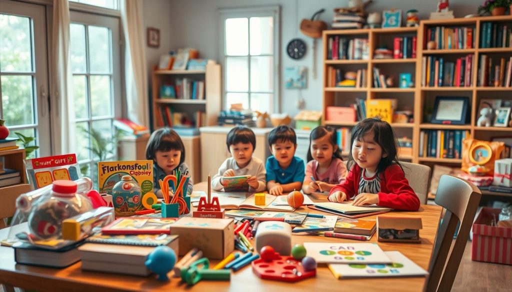 A cozy, inviting room filled with an array of colorful, educational gifts for children. In the foreground, a collection of toys, books, and art supplies arranged neatly on a wooden table, illuminated by soft, warm lighting. In the middle ground, a group of Asian children seated around the table, engaged in various learning activities, their faces alight with curiosity and joy. The background features a bookshelf filled with educational resources and a window that allows natural light to filter in, creating a serene and nurturing atmosphere. The overall scene conveys a sense of learning, creativity, and the joy of discovery.