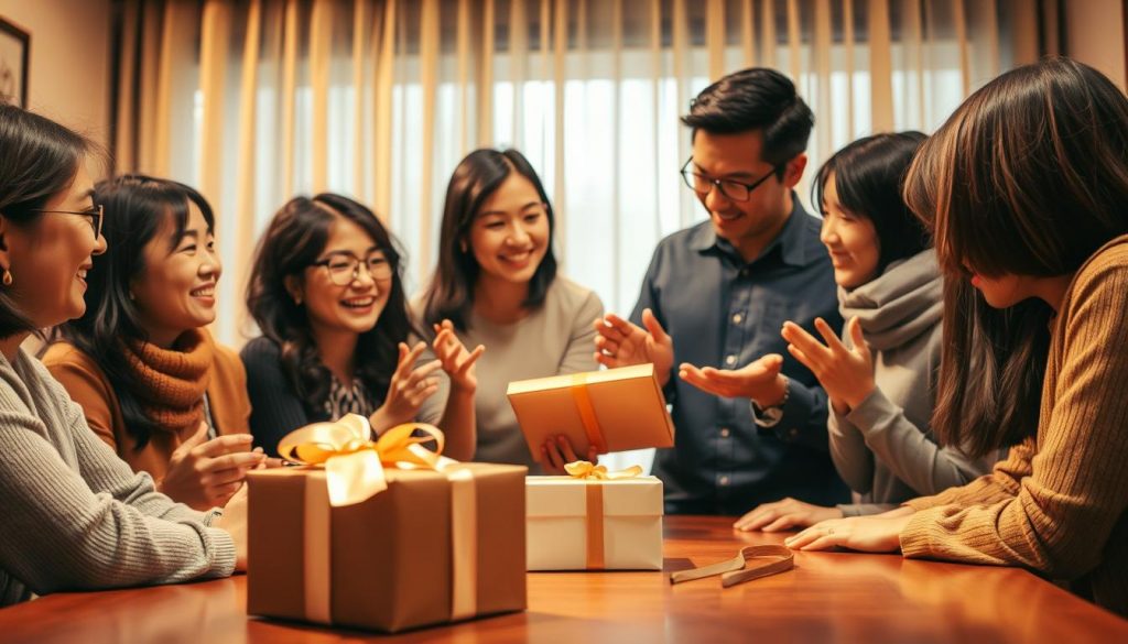 A group of diverse Asian people gathered around a table, examining a thoughtfully curated selection of graduation gifts. The scene is bathed in warm, golden lighting, creating a cozy, celebratory atmosphere. In the foreground, a carefully wrapped present sits on the table, its elegant packaging hinting at the care and consideration put into its selection. The middle ground features the group, each individual engaged in lively discussion, gesturing animatedly as they collaborate on the perfect gift for their beloved teacher. The background is softly blurred, emphasizing the focus on the group's interaction and decision-making process. The overall mood is one of camaraderie, gratitude, and a sense of occasion, perfectly capturing the essence of a meaningful graduation gift presentation.