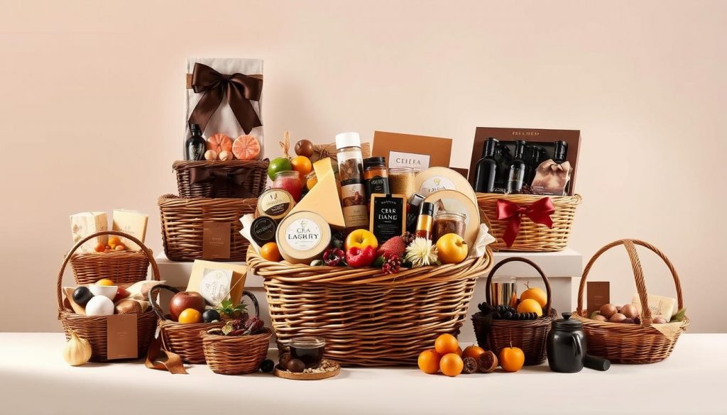 A meticulously curated array of exquisite gift baskets, crafted with the finest artisanal touches. A centerpiece basket overflows with an array of gourmet delights - imported cheeses, premium chocolates, and a selection of fresh fruits. Surrounding it, an elegant arrangement of smaller baskets, each showcasing a distinct theme, such as a spa-inspired collection of luxury bath products or a connoisseur's selection of premium teas and coffees. Soft, warm lighting casts a cozy glow, enhancing the inviting atmosphere. The composition is framed by a clean, minimalist background, allowing the baskets to take center stage and captivate the viewer. The overall scene evokes a sense of luxury, thoughtfulness, and a celebration of the finer things in life. A meticulously curated array of exquisite gift baskets, crafted with the finest artisanal touches. A centerpiece basket overflows with an array of gourmet delights - imported cheeses, premium chocolates, and a selection of fresh fruits. Surrounding it, an elegant arrangement of smaller baskets, each showcasing a distinct theme, such as a spa-inspired collection of luxury bath products or a connoisseur's selection of premium teas and coffees. Soft, warm lighting casts a cozy glow, enhancing the inviting atmosphere. The composition is framed by a clean, minimalist background, allowing the baskets to take center stage and captivate the viewer. The overall scene evokes a sense of luxury, thoughtfulness, and a celebration of the finer things in life.