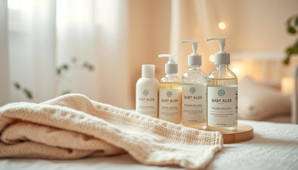 A natural baby care set, softly lit in a warm, inviting environment. In the foreground, a plush organic cotton towel and washcloth in gentle earth tones. In the middle, an assortment of premium natural skincare products - a moisturizing body lotion, nourishing baby soap, and soothing shampoo, packaged in minimalist glass bottles. The background features a serene, neutral-toned nursery setting, with soft lighting and hints of natural greenery. The overall atmosphere conveys a sense of purity, simplicity, and care for the delicate skin of newborns. A natural baby care set, softly lit in a warm, inviting environment. In the foreground, a plush organic cotton towel and washcloth in gentle earth tones. In the middle, an assortment of premium natural skincare products - a moisturizing body lotion, nourishing baby soap, and soothing shampoo, packaged in minimalist glass bottles. The background features a serene, neutral-toned nursery setting, with soft lighting and hints of natural greenery. The overall atmosphere conveys a sense of purity, simplicity, and care for the delicate skin of newborns.
