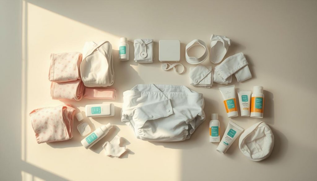 A neatly arranged assortment of baby diapers, wipes, creams, and changing accessories neatly laid out on a clean, softly lit surface. The items are captured in a warm, natural light, casting gentle shadows and highlights to emphasize their textures and colors. The overall composition has a soothing, organized feel, conveying a sense of preparedness and care for the newborn's needs. The image has a clean, minimal aesthetic, allowing the essential baby care products to be the focal point. A neatly arranged assortment of baby diapers, wipes, creams, and changing accessories neatly laid out on a clean, softly lit surface. The items are captured in a warm, natural light, casting gentle shadows and highlights to emphasize their textures and colors. The overall composition has a soothing, organized feel, conveying a sense of preparedness and care for the newborn's needs. The image has a clean, minimal aesthetic, allowing the essential baby care products to be the focal point.