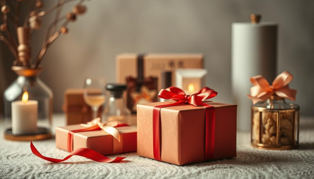 A richly detailed scene showcasing a thoughtful gift-giving experience. In the foreground, Asian hands carefully unwrap a meticulously crafted, elegant gift box, hinting at the care and consideration put into its selection. The middle ground depicts a tasteful and harmonious arrangement of thoughtful gift items, each carefully chosen to reflect the recipient's interests and personality. The background sets a serene, minimalist atmosphere, with subtle lighting accentuating the warm, harmonious tones. The overall composition conveys a sense of mindfulness, attention to detail, and the joy of thoughtful gift-giving.