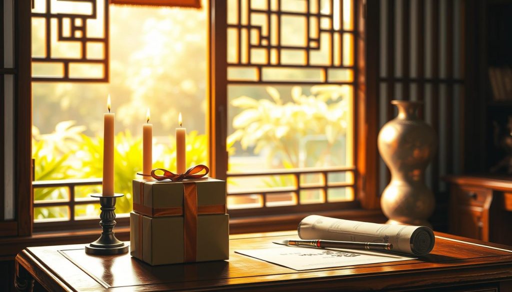 A serene, well-lit interior of a traditional Chinese-style study, with a warm, golden hue cast by a pair of candles on a wooden desk. On the desk, a beautifully wrapped gift box, a calligraphy brush, and a scroll of paper, hinting at the thoughtful process of gift selection and presentation. In the background, a window overlooking a lush, verdant garden, adding a sense of tranquility and connection to nature. The overall atmosphere conveys the care and attention to detail that goes into gifting a treasured teacher in a respectful and meaningful way.