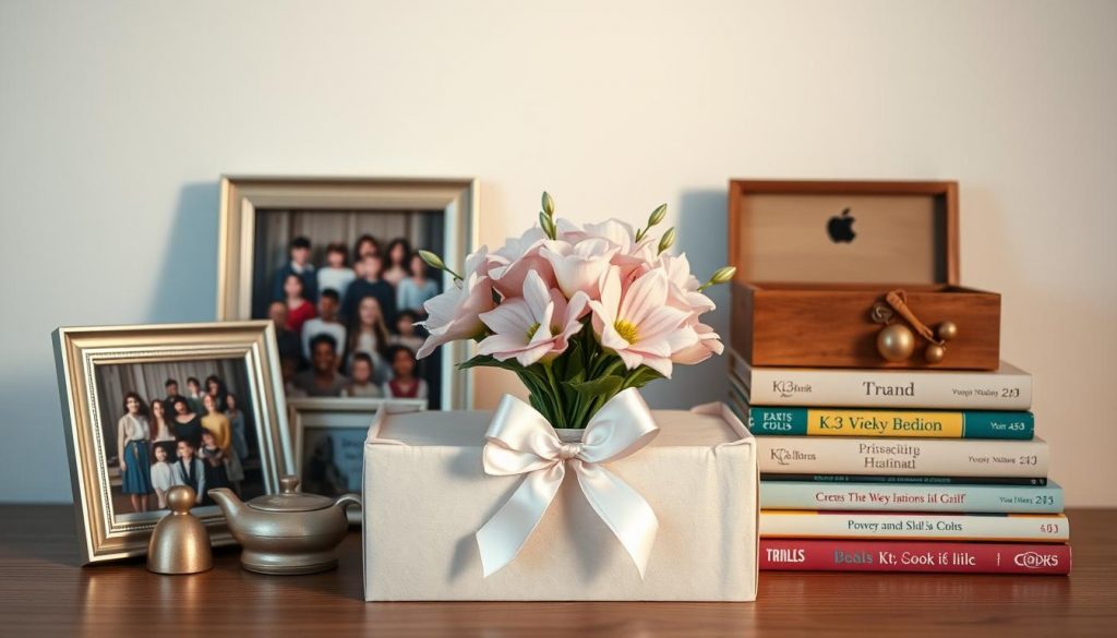 A thoughtful K3 graduation gift arrangement, arranged with care and attention to detail. In the center, a delicate flower bouquet in soft pastel hues, symbolizing the graduates' growth and the promise of new beginnings. Surrounding it, an array of meaningful mementos - a framed class photo, a personalized keepsake box, and a stack of children's books, all capturing the cherished memories of their time in K3. The scene is bathed in warm, gentle lighting, evoking a sense of nostalgia and celebration. The overall composition is balanced and aesthetically pleasing, inviting the viewer to appreciate the significance and sentiment behind this meaningful graduation gift.