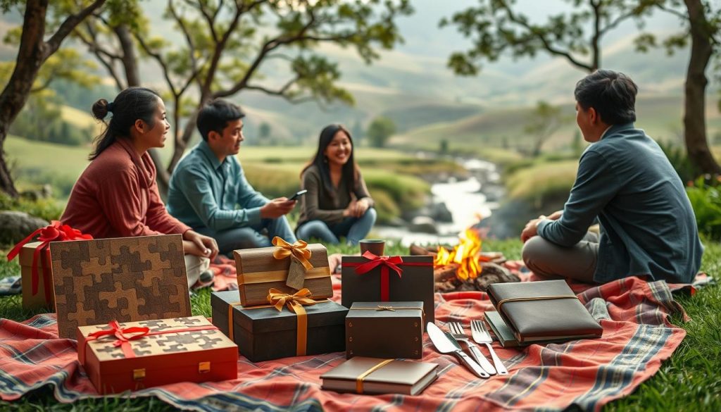 A tranquil outdoor setting with a group of Asian individuals engaged in various activities, conveying the concept of "Experience Gifts." The foreground features a picnic blanket adorned with a variety of colorful, thoughtful gifts, including a handcrafted wooden puzzle, a leather-bound journal, and a set of premium cooking utensils. In the middle ground, the group gathers around a small campfire, sharing laughter and stories, while in the background, a serene landscape of rolling hills and a gently flowing stream sets the mood. Soft, natural lighting filters through the trees, creating a warm and inviting atmosphere. The overall scene evokes a sense of camaraderie, appreciation, and the joy of shared experiences. A tranquil outdoor setting with a group of Asian individuals engaged in various activities, conveying the concept of "Experience Gifts." The foreground features a picnic blanket adorned with a variety of colorful, thoughtful gifts, including a handcrafted wooden puzzle, a leather-bound journal, and a set of premium cooking utensils. In the middle ground, the group gathers around a small campfire, sharing laughter and stories, while in the background, a serene landscape of rolling hills and a gently flowing stream sets the mood. Soft, natural lighting filters through the trees, creating a warm and inviting atmosphere. The overall scene evokes a sense of camaraderie, appreciation, and the joy of shared experiences.