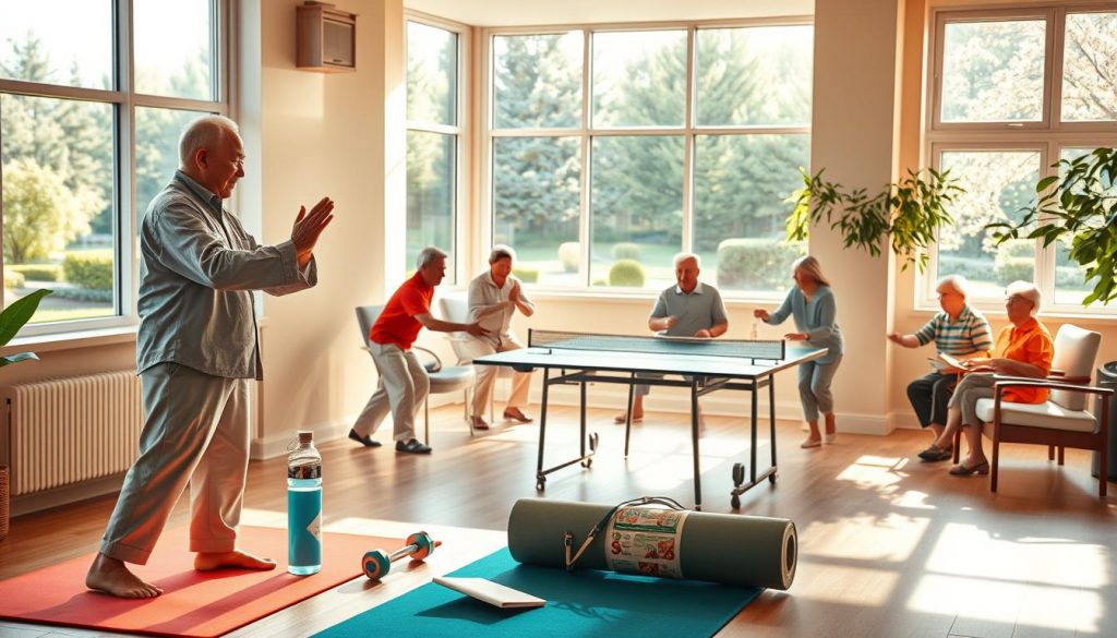 A tranquil scene of a well-appointed retirement home's wellness center, bathed in warm, natural lighting from large windows. In the foreground, an Asian elder gracefully practices tai chi, their movements fluid and serene. Surrounding them, an array of health and wellness accessories - a yoga mat, a set of dumbbells, a water bottle, and a mindfulness journal. In the middle ground, a group of Asian retirees engage in a lively game of table tennis, their faces alight with joy and camaraderie. The background reveals a picturesque view of a lush, manicured garden, inviting the viewer to embrace the peaceful, rejuvenating atmosphere of this retirement community. A tranquil scene of a well-appointed retirement home's wellness center, bathed in warm, natural lighting from large windows. In the foreground, an Asian elder gracefully practices tai chi, their movements fluid and serene. Surrounding them, an array of health and wellness accessories - a yoga mat, a set of dumbbells, a water bottle, and a mindfulness journal. In the middle ground, a group of Asian retirees engage in a lively game of table tennis, their faces alight with joy and camaraderie. The background reveals a picturesque view of a lush, manicured garden, inviting the viewer to embrace the peaceful, rejuvenating atmosphere of this retirement community.