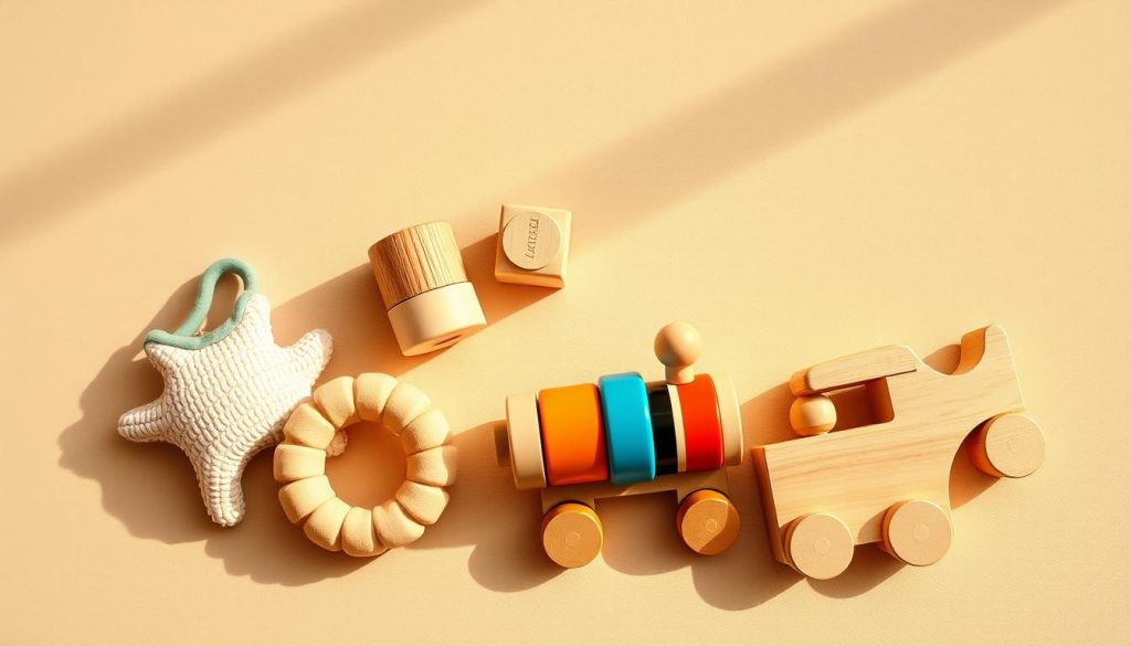A warm, soft-focused image of a selection of new-born infant toys arranged on a neutral background. The toys include a plush rattle, a wooden building block set, a textured teething ring, a colorful stacking cup set, and a simple push-and-pull wooden train. The toys are lit from above with gentle, natural lighting, creating warm shadows and highlights that accentuate their textures and colors. The overall mood is one of simplicity, comfort, and the joyful discovery of a new-born's first playthings. A warm, soft-focused image of a selection of new-born infant toys arranged on a neutral background. The toys include a plush rattle, a wooden building block set, a textured teething ring, a colorful stacking cup set, and a simple push-and-pull wooden train. The toys are lit from above with gentle, natural lighting, creating warm shadows and highlights that accentuate their textures and colors. The overall mood is one of simplicity, comfort, and the joyful discovery of a new-born's first playthings.