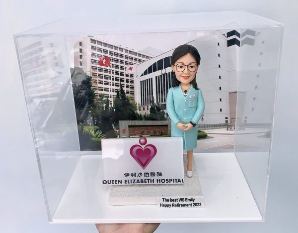為伊利沙伯醫院員工 WS Emily 製作的榮休人像公仔，公仔身穿淺藍色制服，站在醫院大樓照片前，前方有伊利沙伯醫院的標誌牌，底座上刻有 "The best WS Emily Happy Retirement 2023" 的祝福語。
