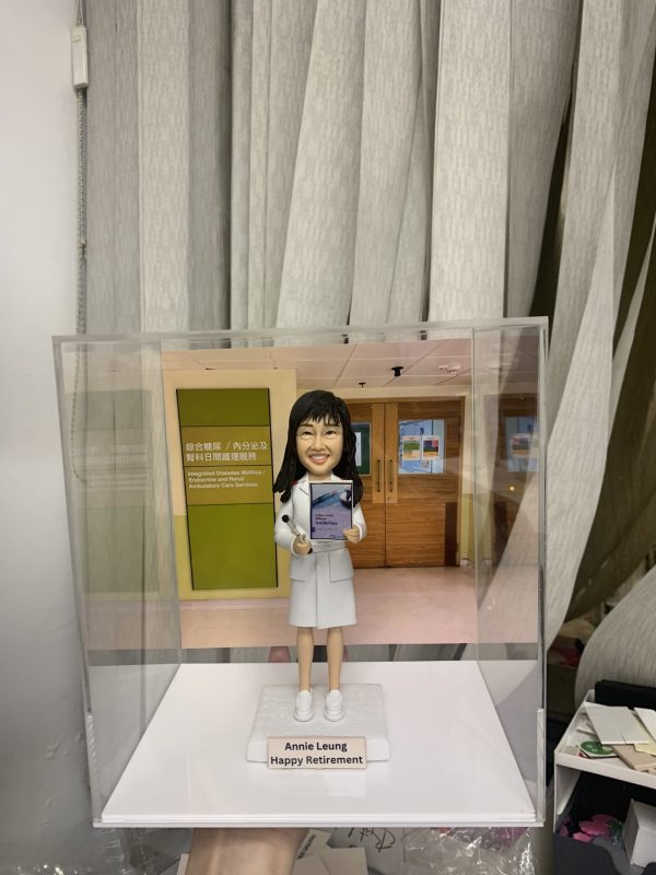 手工訂製醫護人像公仔，人物穿著白色醫護制服，手持文件夾與毛公仔，底座寫有「Annie Leung Happy Retirement」。背景是醫院內的「綜合日間服務 / 內分泌及糖尿科日間護理部」門口，顯示此公仔專為糖尿科醫生或醫護人員榮休而製作，是獨特且具紀念價值的專屬禮物。