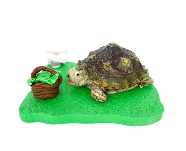 客製化寵物公仔、擬真動物、烏龜、陸龜、軟陶製作、餵食場景、蔬菜籃、草地底座、手工藝品、紀念品、細節還原、指示牌