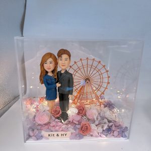 透明展示盒中的情侶人像公仔場景：左側長髮角色穿深藍色連身裙與白鞋，右側短髮角色穿深灰色西裝與黑鞋，兩人相互依偎站立。背景是一座金銅色摩天輪模型，周圍環繞暖白色小燈串。底部鋪滿乾燥花與仿真花材，色系涵蓋粉、玫瑰紅、奶白與淡紫；前方名牌寫有「Kit & HY」。整體呈現夢幻溫暖的約會氛圍。