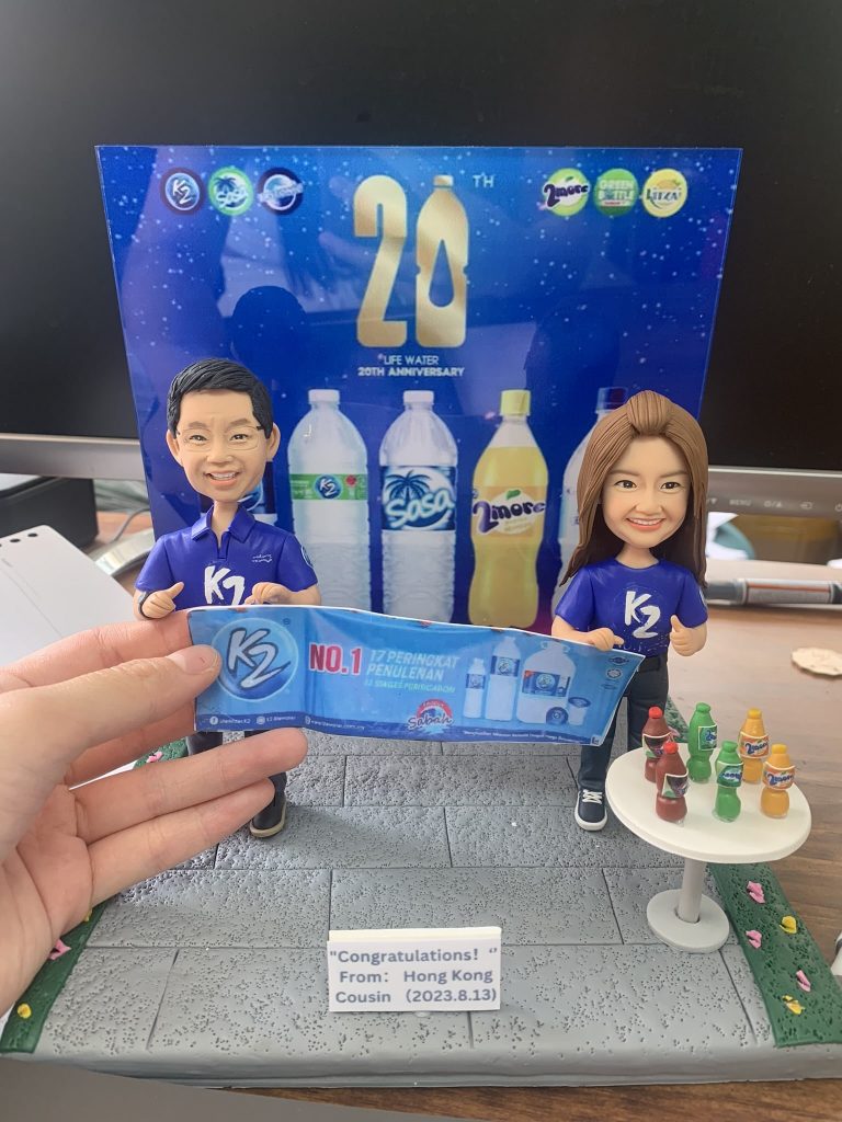 飲品品牌20週年主題的人像公仔場景：一男一女公仔穿著藍色K2品牌T恤與球鞋，微笑站立，雙手共同舉著藍色宣傳橫幅（印有K2與NO.1字樣）；右側白色圓桌擺放多款彩色瓶裝飲品模型。背板是藍底「20th LIFE WATER 20th ANNIVERSARY」設計，並有多款瓶裝水與飲料圖像；地台為灰色地磚，前方小牌寫有“Congratulations! From: Hong Kong Cousin (2023.8.13)”。整體呈現慶祝品牌里程碑的紀念公仔擺設。