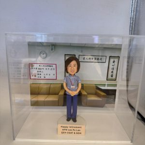 透明展示盒中的醫生人像公仔：角色穿藍灰色上衣與深藍長褲，掛識別證雙手於身前站立，置於淺色圓形底座。背板呈現門診等候區，有淺棕色沙發、牆上時鐘與中文標牌，左側公告板顯示日期與資訊。底座前方金色銘牌上寫有「Happy retirement APN Lee Po Lan QEH CGAT & GDH」。