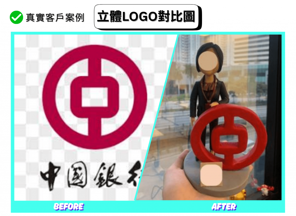 分割式「立體LOGO對比圖」。左側標註 BEFORE：中銀香港（Bank of China Hong Kong）的深紅圓形標誌，圓中帶有「中」字結構，底部有黑色書法字樣。右側標註 AFTER：手持展示的客製模型，灰色橢圓底座上豎立一個大尺寸的立體LOGO，採暗紅色塗裝與圓環/內方結構；LOGO後方站著一位商務服裝的人像公仔，短髮、穿深色西裝與襯衫，背景是辦公窗景。整體呈現從平面到立體的轉換。