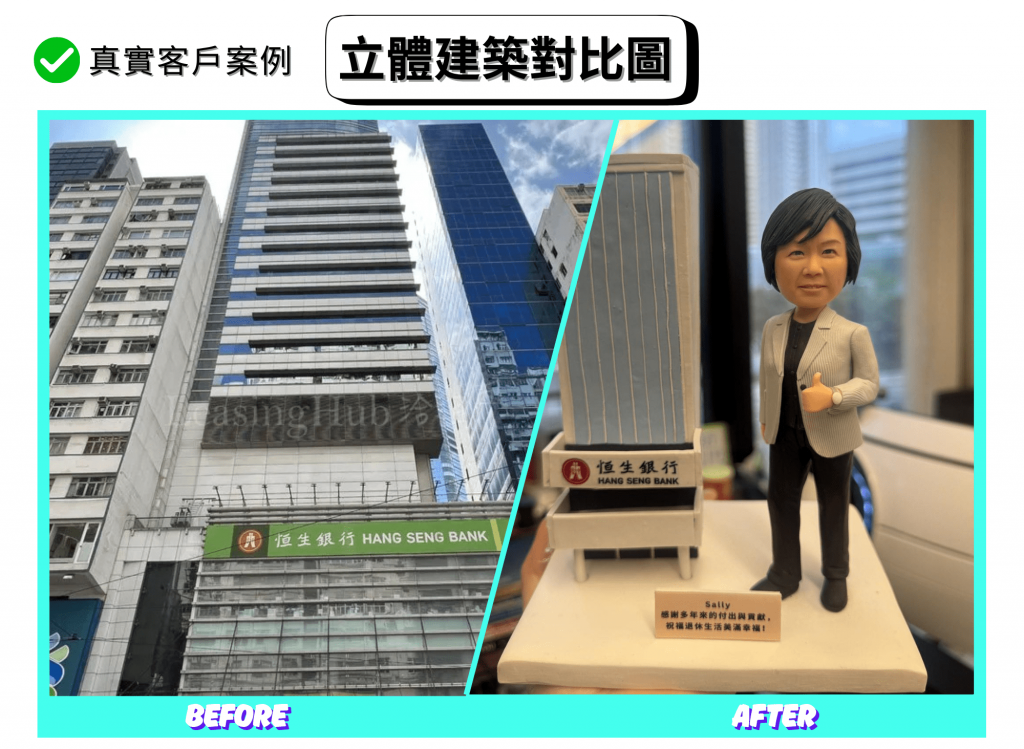 桌面擺拍的客製模型：白色底座上，左側是一棟簡化的高樓立體建築，立面為淺藍色並以多條豎向白線表現玻璃帷幕；樓前設有黑白相間的「恆生銀行 HANG SENG BANK」小型門頭牌，左側帶紅色圓形徽記。右側站著一位商務造型的人像公仔，短髮、穿灰色條紋西裝外套與黑色上衣長褲，腳穿深色皮鞋，右手比讚，左腕配戴手錶。底座前緣有金色小銘牌，印有“Sally”與感謝祝福字樣；背景為模糊的室外高樓窗景，整體呈現恆生銀行元素與個人化禮贈主題。