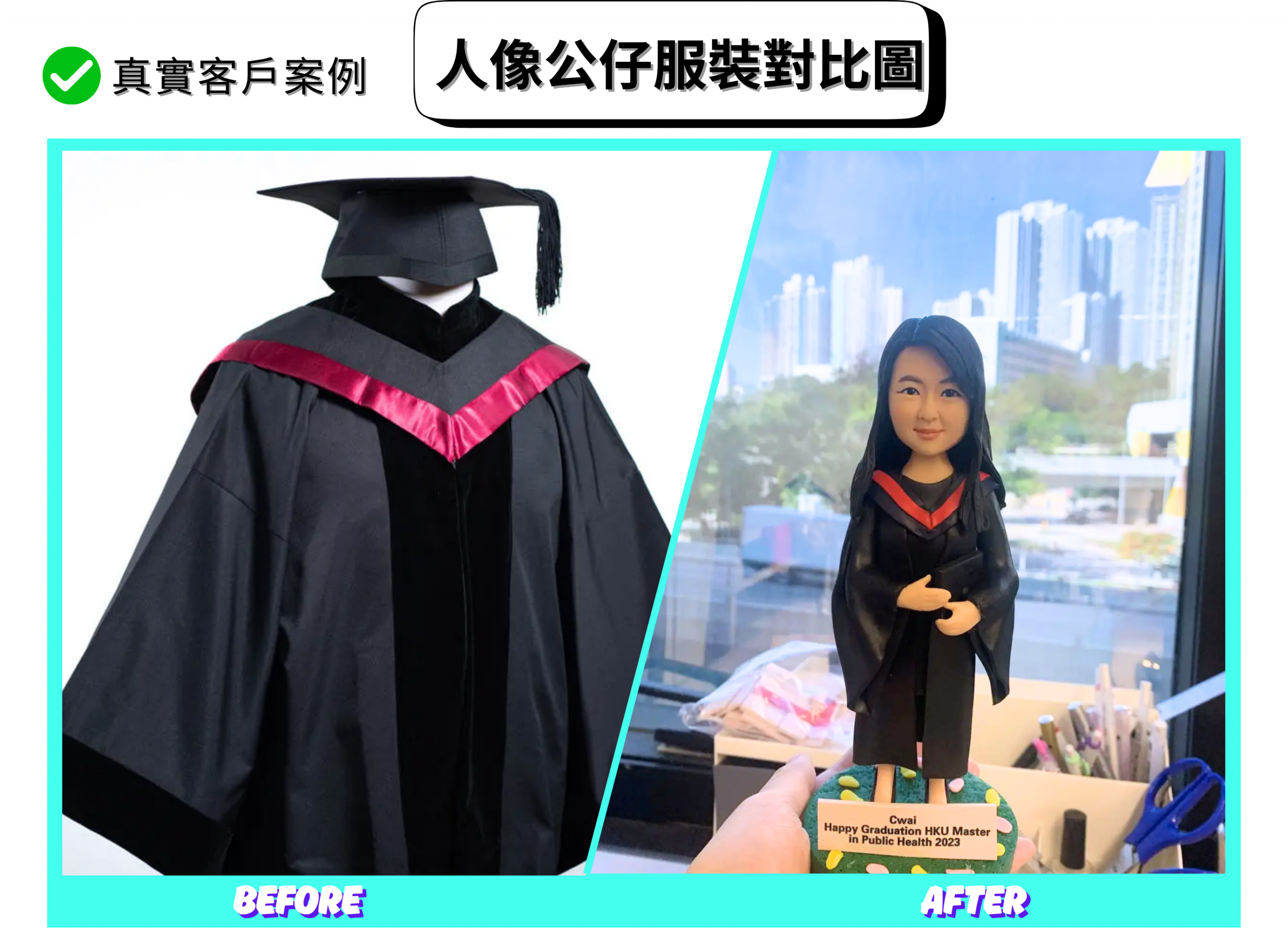 左右對比的畢業主題圖片：左側為黑色學士袍近照，披肩為深灰V形配覆蓋其上的亮玫紅色斜條飾邊，搭配方帽與黑色流蘇；右側為對應設計的人像公仔，穿黑袍與深灰＋玫紅V形披肩，雙手於身前交握，站在綠色草地紋理底座上，名牌寫有祝賀文字與年份。上方標示「人像公仔服裝對比圖」，下方以「Before」與「After」對照展示從實體畢業袍到公仔造型的還原效果。