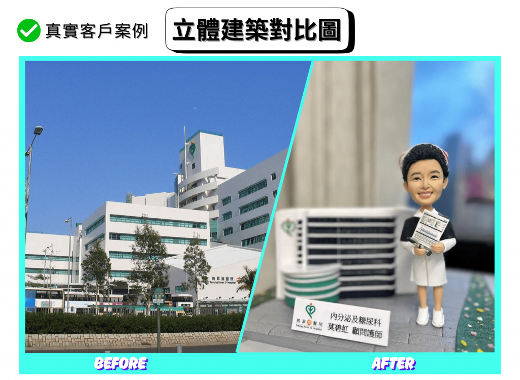 分割式「立體建築對比圖」。左側（BEFORE）：晴天藍天下的將軍澳醫院外觀，白色與綠色窗帶的層疊建築量體，立面有圓角轉折與豎向窗格，主樓上可見心形綠色院徽。前景是行道樹與道路圍欄。右側（AFTER）：手作 diorama 擺設，灰色磚紋底座上重現醫院外牆的白色弧形樓翼與深色水平窗帶，左側圓柱體量與綠白相間環形層次；前方放置白色立牌印有「將軍澳醫院」與部門與姓名字樣。右側站立一位護理主題的人像公仔，髮髻與紅白髮箍，穿黑白相間的制服與白色便鞋，手持文件夾與表單，微笑面容，旁邊鋪有綠色花植步道，背景為室內淺景深。