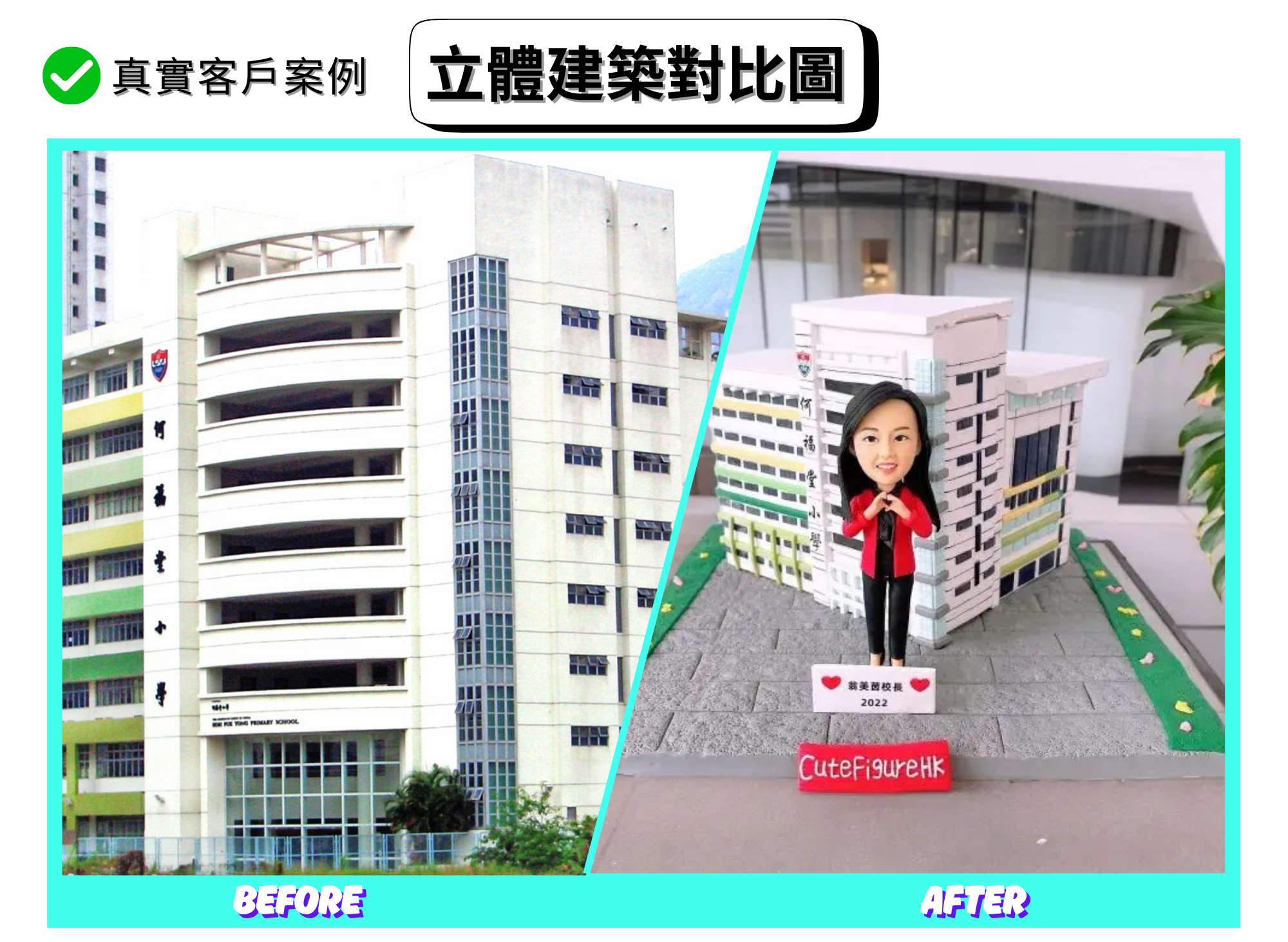 分割式「立體建築對比圖」。左側（BEFORE）：中華基督教會何福堂小學校舍外觀，米白色量體搭配多層弧形開放式走廊，中間有藍灰色垂直電梯塔，立面見中英文校名與校徽。右側（AFTER）：手作 diorama 擺設還原學校轉角量體與層層水平窗帶，白色外牆搭配綠、黃、藍等色條細節；前方灰色磚紋地面兩側鋪有綠化花帶。中央站立一位女教職造型的人像公仔，長髮、穿紅外套與黑長褲、雙手比愛心；前方立有小立牌寫上致意文字與年份，整體呈現溫暖的校園祝賀氛圍。