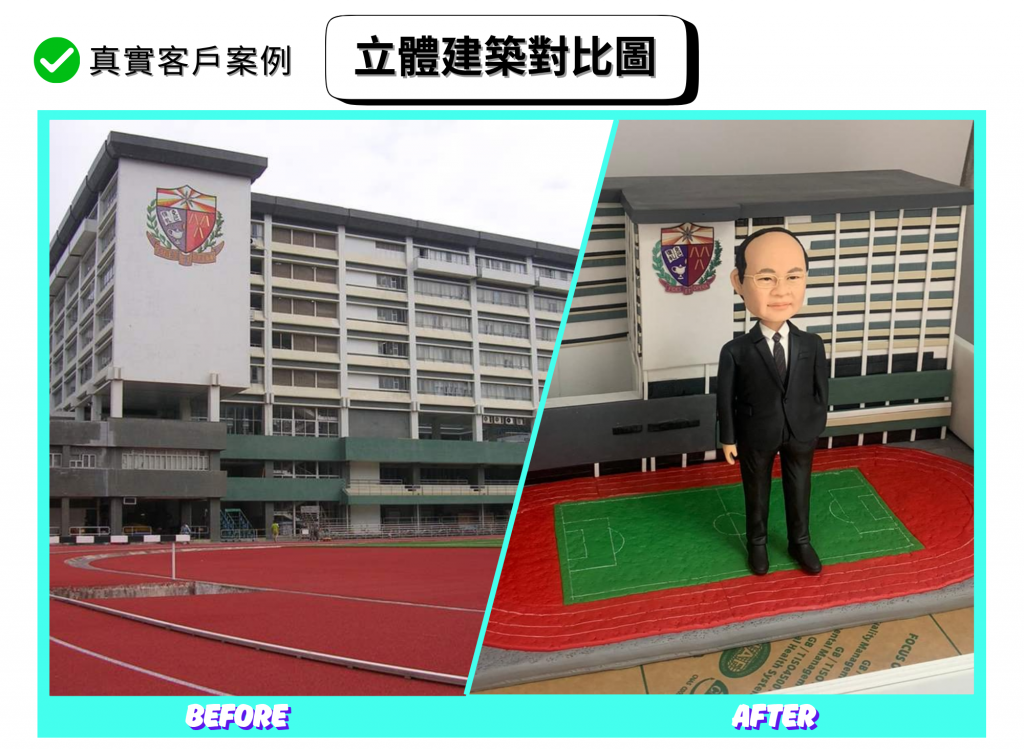 分割式「立體建築對比圖」。左側（BEFORE）：喇沙書院校舍外觀，長條形教學樓以灰白色水平窗帶構成，左端高塔立面繪有大型校徽；前景為紅色塑膠跑道與操場。右側（AFTER）：手作 diorama 模型，背景還原喇沙書院的窗格立面與塔樓校徽；前景是紅色跑道圍繞綠色小型足球場的場地平台。中央站立一位穿黑色西裝、打領帶的人像公仔，神情溫和，呈現隆重致敬的退休氛圍。