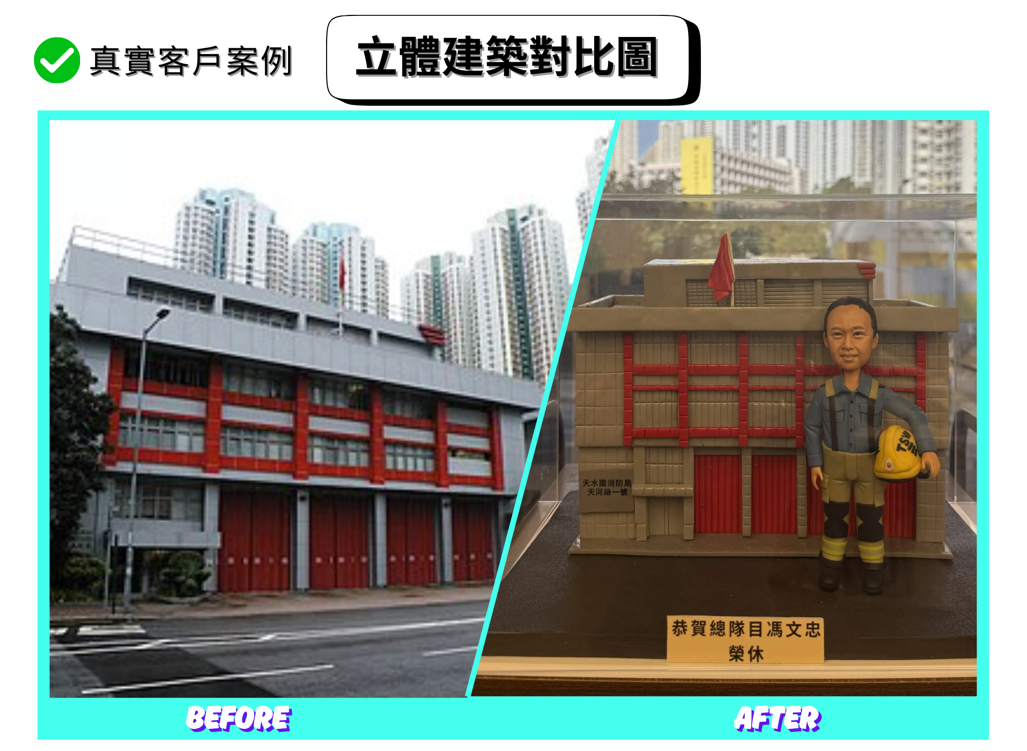 分割式「立體建築對比圖」。左側（BEFORE）：一座多層消防局外觀，灰色牆面搭配紅色立柱與窗框，地面層連排多扇紅色捲閘車庫門，屋頂設旗桿，背景是高樓群。右側（AFTER）：透明展示盒中的手作 diorama，等比例還原方格磚牆、紅色立柱與連排紅色車庫門；左下有金屬感牌匾，前方站立一位穿藍灰制服、背反光吊帶、腳踏黑靴的人像公仔，右手持黃色消防頭盔，底座前方放置祝賀榮休的銘牌，呈現隆重的退休禮物氛圍。