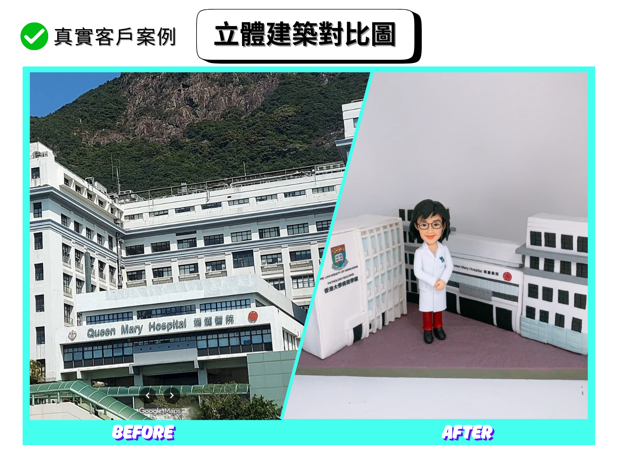 分割式「立體建築對比圖」。左側（BEFORE）：瑪麗醫院外觀近景，白色與淺灰水平窗帶的醫院群樓沿山勢展開，正門頂篷上可見 Queen Mary Hospital 與「瑪麗醫院」字樣，前景有綠色行人天橋。右側（AFTER）：手作 diorama 還原醫院立體建築群，包含層層水平窗帶、轉角弧形量體與中文英文院名標示；前方站立一位穿白袍、戴眼鏡、雙手交握的醫護人像公仔，腳踩紫灰色基座，呈現作為退休禮物的展示效果。