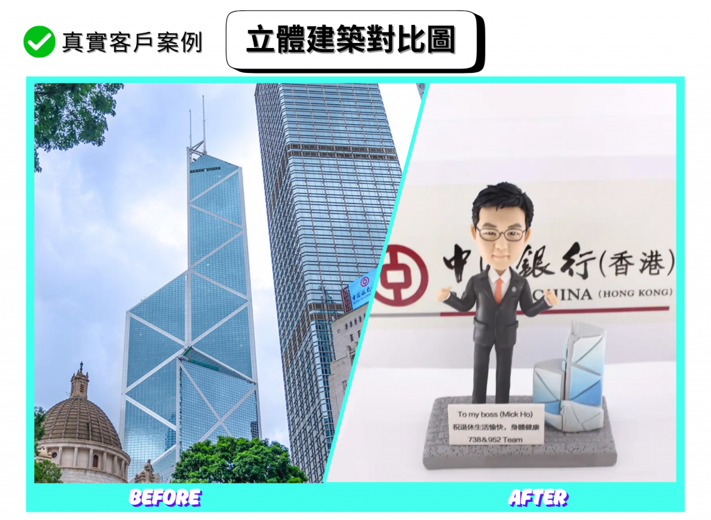 分割式「立體建築對比圖」。左側（BEFORE）：香港中環天際線一隅，可見以對角線結構著稱的中銀大廈外立面，藍綠色玻璃幕牆上交織白色斜撐，塔頂兩支天線清晰；旁側是矩形格柵玻璃樓，前景有古典圓頂與綠樹。右側（AFTER）：桌面尺寸的手作 diorama，基座上站立一位穿深色西裝、打橙色領帶、配戴眼鏡的商務人士人像公仔；旁邊擺放幾何切面造型的中銀大廈迷你雕塑，並附英文祝福銘牌，呈現作為退休禮物的展示效果。
