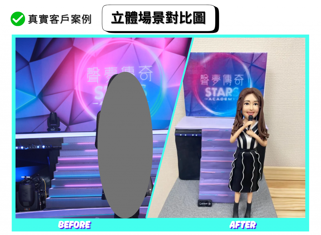 分割式對比圖。左側（BEFORE）：色彩繽紛的「聲夢傳奇」舞台背景與階梯、燈光設備，畫面中央的人物以灰色遮罩隱去。右側（AFTER）：手作立體場景還原節目舞台，有紫色階梯與節目圓形霓虹感背板；前方放置一位拿著麥克風的人像公仔，穿黑白條紋洋裝與短靴，呈現上台演唱姿態。