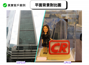 分割式對比圖。左側（BEFORE）：仰視拍攝的金鐘道政府合署大樓，筆直立面與水平百葉窗帶清晰可見。右側（AFTER）：透明展示盒內放置人像公仔與「CR」紅色標誌，背板為金鐘道政府合署大樓的平面照片，形成辦公主題禮物場景。