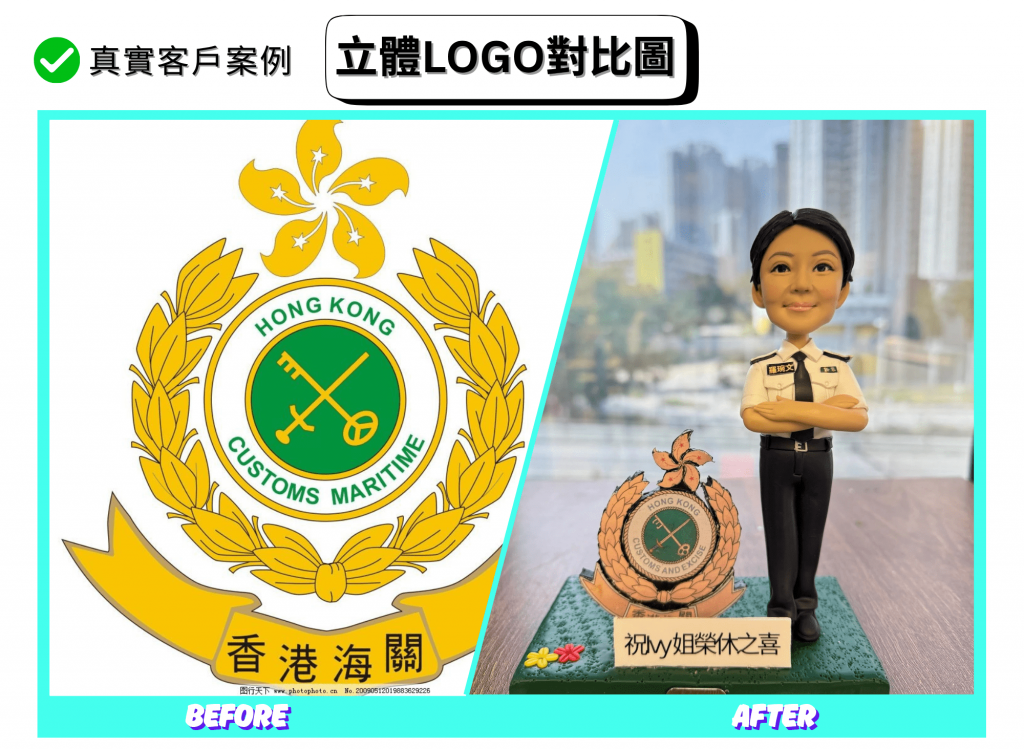一張對比海報，左側為金黃月桂花環與綠色圓章的平面徽章圖，中央寫有英文環字樣並含交叉鑰匙與錨圖案；右側為完成品照片：穿白色制服的人像公仔雙臂交叉站在綠色底座上，前方擺放相同元素的立體徽章與「祝My姐榮休之喜」銘牌。海報頂部標示「真實客戶案例」「立體LOGO對比圖」，底部標有 BEFORE 與 AFTER 字樣。