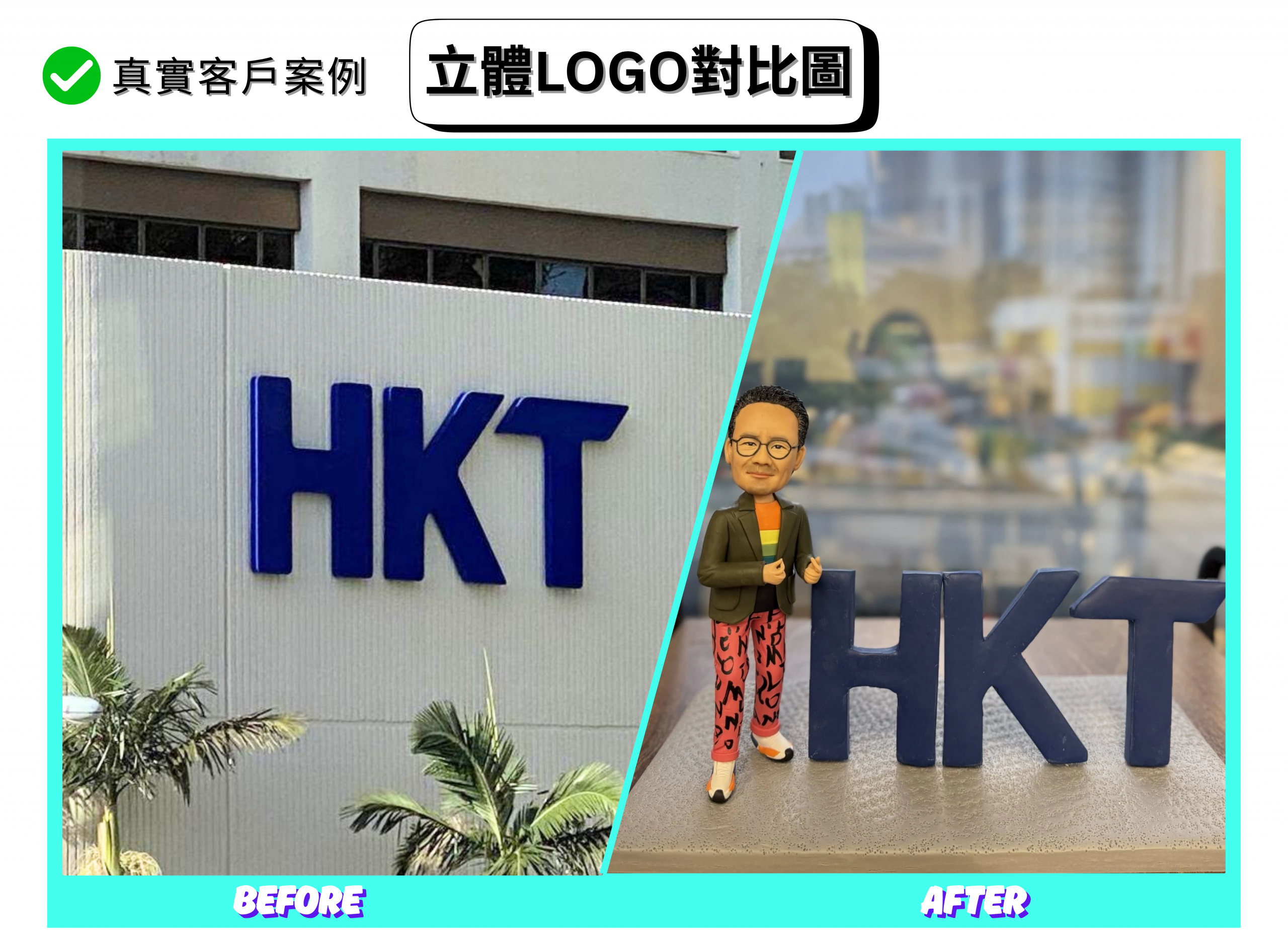 分割式「對比圖」宣傳畫面。左側標註 BEFORE：灰白牆面上裝設大型藍色「HKT」立體字招牌，背景為工業風建築開窗與百葉，上下可見棕櫚樹葉。右側標註 AFTER：桌面擺拍的手作場景，前景放置可獨立站立的深藍色「HKT」立體logo字母；字母左側站著一個人像公仔，短捲髮、戴眼鏡，穿綠色外套、條紋上衣與粉紅塗鴉圖案長褲，腳穿白鞋，雙手做比讚姿勢。背景是模糊的窗外城市景與室內物件。頂端以黑白標題寫「立體建築對比圖」，左上角標示「真實客戶案例」。