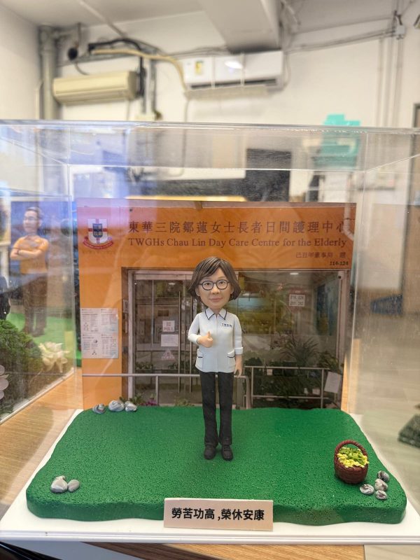人像公仔穿白色制服站在綠色草地底座上，背後是「東華三院鄒蓮女士長者日間護理中心」門面背板，前方放有刻字銘牌，旁邊點綴小石與菜籃