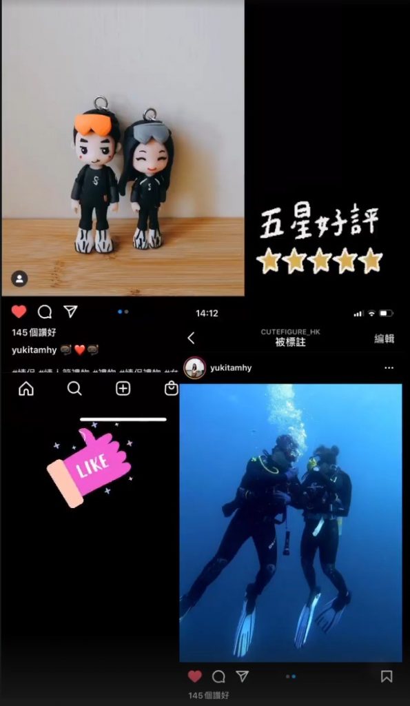 一對穿著黑色潛水衣的訂造人像公仔，戴著橙色和灰色潛水鏡，是送給熱愛潛水運動朋友的特別運動公仔禮物。