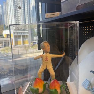 透明展示盒內的客製百歲壽辰公仔,長者穿白色太極服持劍擺姿,前方擺放兩個壽桃與祝賀銘牌,地台為灰色磚面與花紋邊條