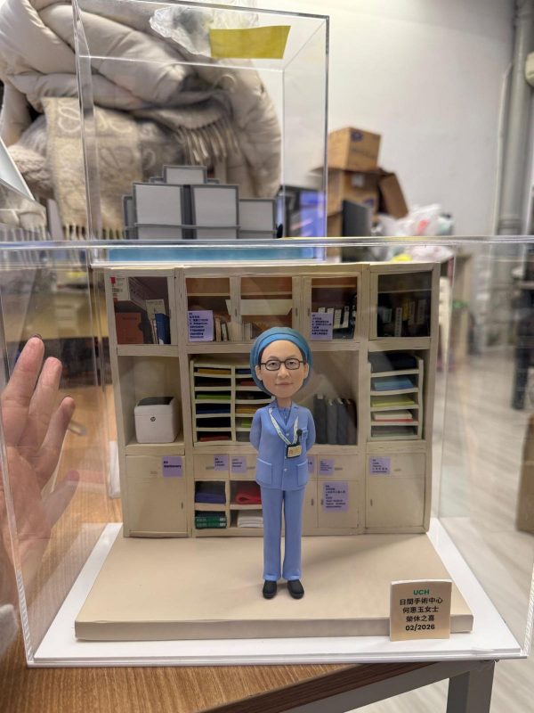 透明展示盒中的醫護主題客製公仔，穿淡藍色制服與頭套、配識別證，雙手在身後站立；背後是分類櫃與文件層架的微縮場景，貼有多張小標籤；前方右側立有金色小銘牌，整體置於木桌與室內背景前。