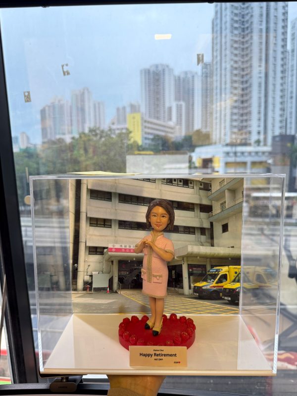 CUTEFIGUREHK 客製化醫護人員榮休紀念公仔。一位短髮女士身穿帶有金色飾邊的粉紅色連身裙，雙手優雅地交疊在胸前。公仔站立在帶有一圈紅玫瑰裝飾的紅色圓形底座上。底座前方設有一塊專屬名牌，印有「Elaine Choi Happy Retirement A&E QMH 2026」。公仔被放置在透明展示盒內，背景是一張瑪麗醫院急症室入口及停泊著救護車的照片。