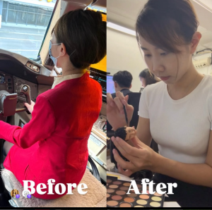 一張對比圖。左側標示「Before」，一位穿著紅色制服、戴著口罩的女性坐在飛機駕駛艙的座位上，手握操縱桿。右側標示「After」，同一位女性穿著白色T恤，正專心地為一個小巧的人像公仔頭部進行上色或細節修飾，桌上放著一個大型的彩妝/顏料盤。