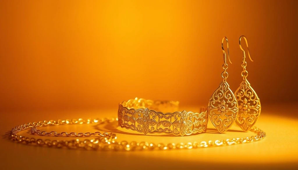 A beautifully crafted arrangement of intricately designed 24 karat gold jewelry pieces, including a delicate necklace, gleaming bracelet, and elegant earrings. The items are displayed against a warm, muted backdrop, casting a soft, golden glow. The lighting is gentle, creating a sense of sophistication and timeless elegance. The jewelry appears to be handcrafted, with intricate patterns and filigree details that catch the light. The composition is balanced and visually appealing, inviting the viewer to appreciate the craftsmanship and heritage of these traditional Chinese gold accessories.