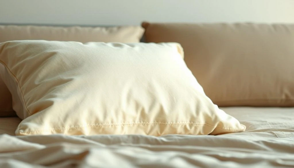 A cozy, soft pillow rests on a warm, lush bed. The plush, cream-colored fabric of the pillow gently reflects the soft, ambient lighting, creating a soothing and inviting atmosphere. Delicate stitching lines the edges, adding a touch of refined craftsmanship. The pillow's surface is slightly indented, suggesting the comforting embrace of a recent resting head. The middle ground is filled with a subtle, muted palette of neutral tones, allowing the pillow to be the focal point. In the background, a muted, hazy gradient creates a sense of depth and tranquility, drawing the viewer's attention to the serene, cozy scene.