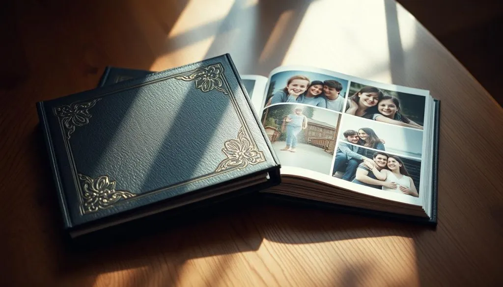 A sentimental photo album resting on a wooden table, illuminated by soft natural light. The cover features an elegant embossed design, with wisps of gold foil accenting the textured surface. The album's pages are filled with meticulously curated memories, each photograph a thoughtful snapshot of cherished moments shared between close friends. The layout strikes a balance between minimalist and heartfelt, allowing the images to take center stage and tell a story of a meaningful farewell. The overall mood is contemplative, with a sense of warmth and nostalgia pervading the scene.