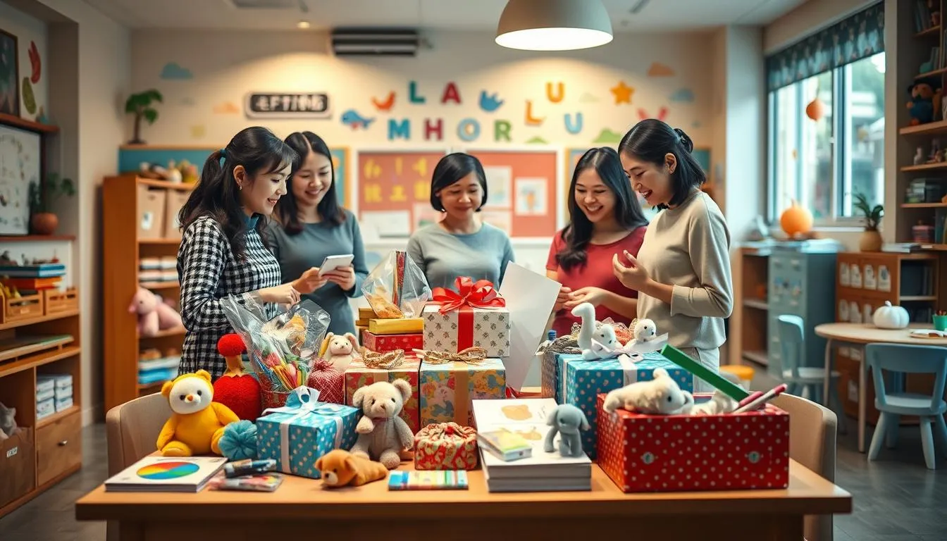 A serene and cozy kindergarten classroom with warm lighting and a inviting atmosphere. In the foreground, a table displays an array of thoughtful gifts - plush toys, art supplies, and educational books. Asian teachers gather around, examining the thoughtful presents with smiles. In the background, the classroom is filled with playful decorations, from colorful wall murals to whimsical furniture. The overall scene conveys the care, dedication, and appreciation for the hard work of kindergarten teachers.