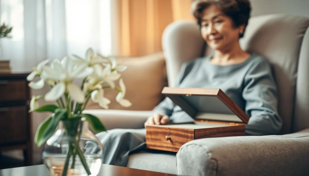 A serene and elegant woman's retirement gift, captured in a soft focus photograph. In the foreground, an Asian woman in her 60s sits gracefully on a plush armchair, her hands resting on a beautifully crafted wooden jewelry box. The middle ground features a vase of delicate white flowers, their petals gently illuminated by warm, natural lighting. The background is blurred, suggesting a cozy, refined interior space. The overall mood is one of tranquility and appreciation, inviting the viewer to imagine the meaningful moments this retirement gift will hold for its recipient.