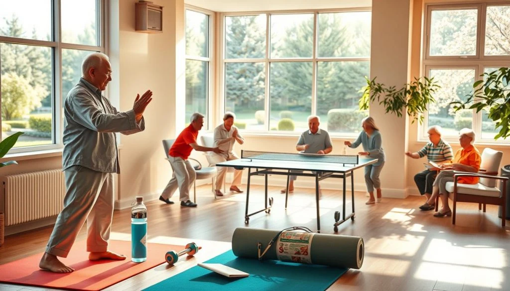 A tranquil scene of a well-appointed retirement home's wellness center, bathed in warm, natural lighting from large windows. In the foreground, an Asian elder gracefully practices tai chi, their movements fluid and serene. Surrounding them, an array of health and wellness accessories - a yoga mat, a set of dumbbells, a water bottle, and a mindfulness journal. In the middle ground, a group of Asian retirees engage in a lively game of table tennis, their faces alight with joy and camaraderie. The background reveals a picturesque view of a lush, manicured garden, inviting the viewer to embrace the peaceful, rejuvenating atmosphere of this retirement community.