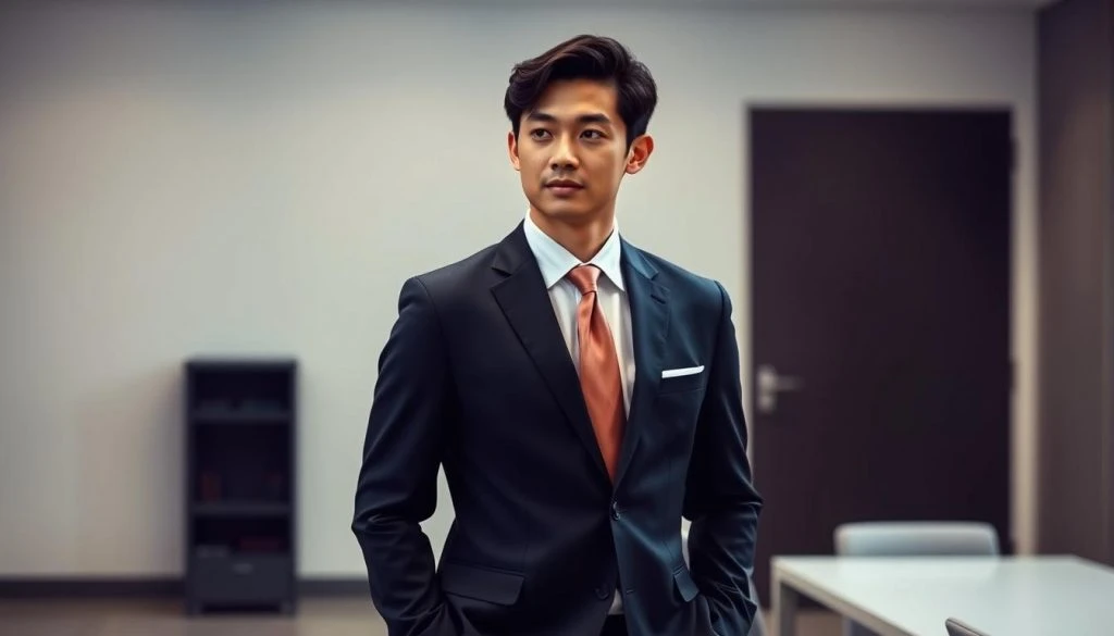 A well-tailored navy blue suit with a crisp white dress shirt, a silk tie in a complementary shade, and a pair of polished leather dress shoes. The lighting is soft and diffused, creating a professional, yet warm and inviting atmosphere. The model, an Asian man in his late 20s, stands confidently with good posture, his gaze directed slightly off-camera, conveying a sense of competence and poise. The background is a minimalist office setting, with clean lines and muted colors, allowing the focus to remain on the subject's attire and presence.
