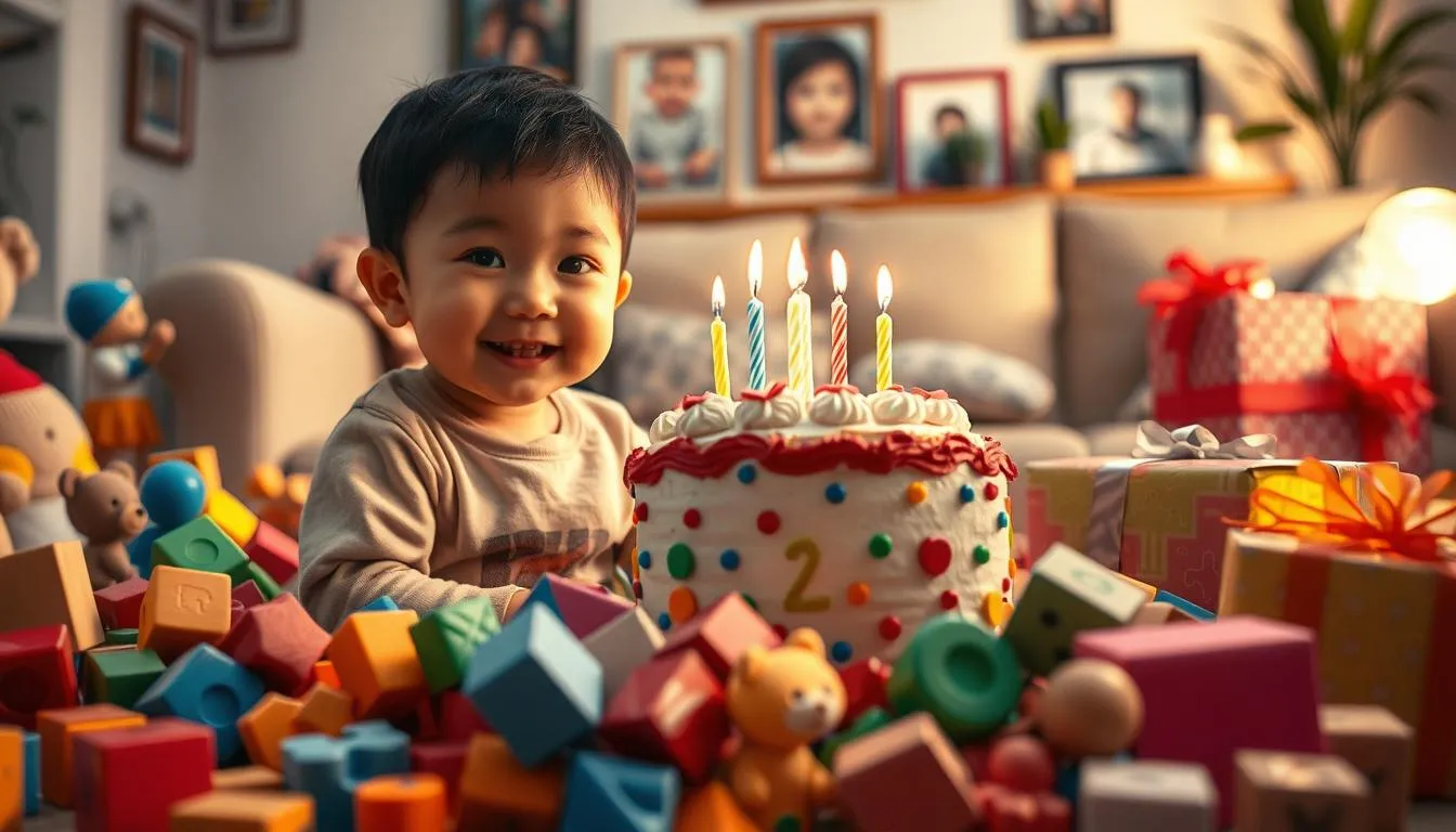 A whimsical scene of a 2-year-old's birthday celebration, with a cozy living room setting. In the foreground, a small child sits amid a pile of colorful, educational toys, including wooden blocks, stuffed animals, and shape sorters. The child's face is warm and joyful, with characteristic Asian features. In the middle ground, a beautifully decorated birthday cake with candles takes center stage, surrounded by neatly wrapped presents in vibrant wrapping paper. The background is softly lit, creating a cozy, intimate atmosphere, with hints of family photographs and plants adding to the homely feel. The overall mood is one of wonder, discovery, and the celebration of a cherished milestone.