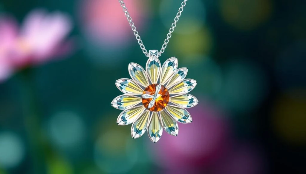 Generate an image of a Swarovski necklace with a daisy pendant.