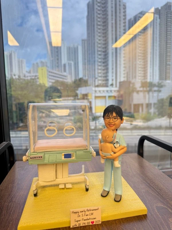 一款為兒科醫生Dr. S Fan LW訂製的榮休禮物。精緻的人像公仔身穿醫護服，慈愛地抱著一個新生嬰兒，身旁是一座高度還原的嬰兒保溫箱模型。這份醫生答謝禮物來自同事，充滿了對一位超級兒科醫生的敬意與祝福。