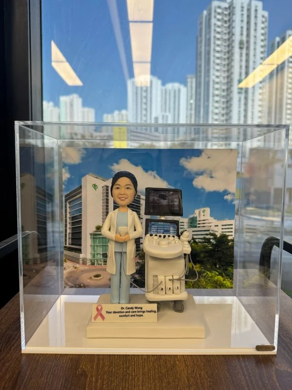 透明展示盒內的醫療主題人像公仔：一位女性醫生身穿白袍與手術帽色系相近的粉藍內搭，雙手自然交握站在超音波推車旁；推車配有上、下兩塊螢幕、旋鈕控制台、探頭座與凝膠瓶，探頭與導線垂掛其側，底部為四輪腳座。背景是一幢白色現代化醫院大樓與藍天白雲的大幅相片。前方銘牌印有粉紅絲帶圖案與英文字感謝語，整體呈現向醫護致意的專屬人像公仔禮物。